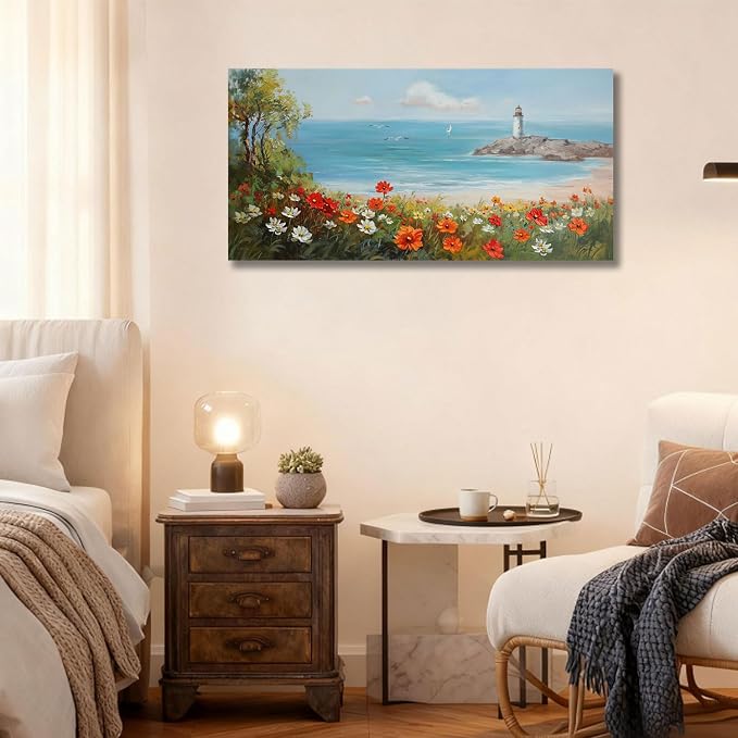 Ardemy Lighthouse Framed Canvas Wall Art for Living Room Blue Ocean Painting Seascape Landscape Coastal Picture Textured Bedroom Artwork Home Office Wall Decor, Large 40"x20"