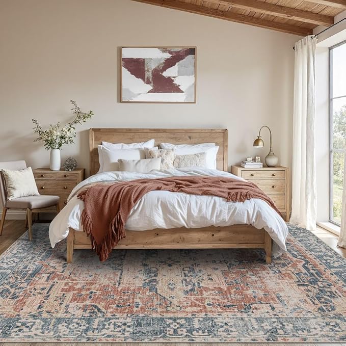 Rugxara 8x10 Area Rugs for Living Room Bedroom, Large Washable Rug, Coral Vintage Retro Boho Rug, Non Slip & Low Pile Faux Wool Thin Carpet for Indoor Dining Room, Kids Room(Coral Blue 8x10ft)