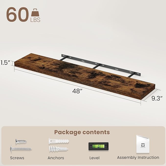Vivelove Floating Shelves for Wall Mounted, 48 Inches Long Shelves, Display Shelf for Bathroom Living Room Kitchen Bedroom Office Farmhouse Home Decor, 48" X 9.3" X 1.5" - Set of 1, Rustic Brown