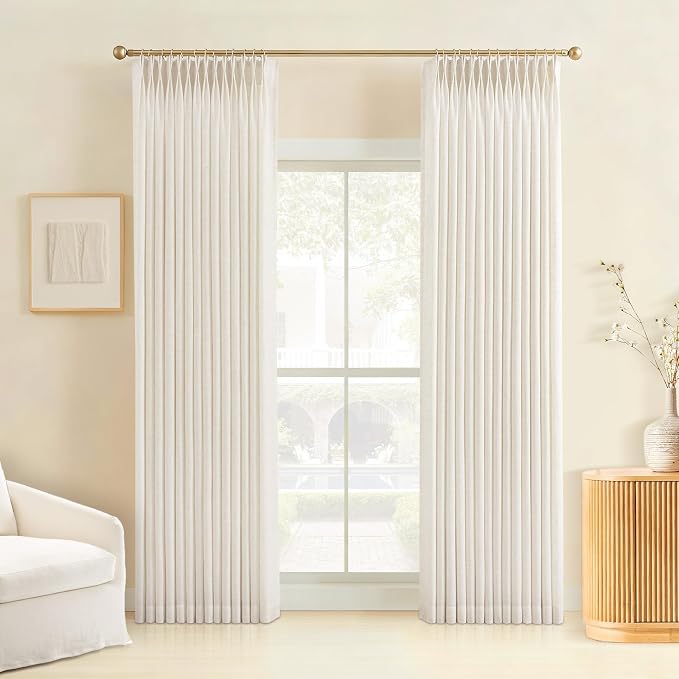 Liz Pinch Pleated Linen Curtains 84 Inches Long - Light Filtering Curtains for Living Room, Semi Sheer Window Curtains for Bedroom, Luxury Pinch Pleat Drapes with Hooks, Natural, 2 Panels Set