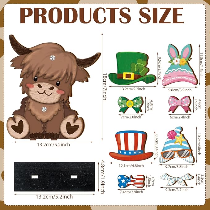42 Pcs Interchangeable Highland Cow Graduation Gift Holiday Highland Cow Decor Seasonal Sign Farmhouse Rustic Wooden Desk Accessories Welcome Ornament Tiered Tray Decorations for Home Office