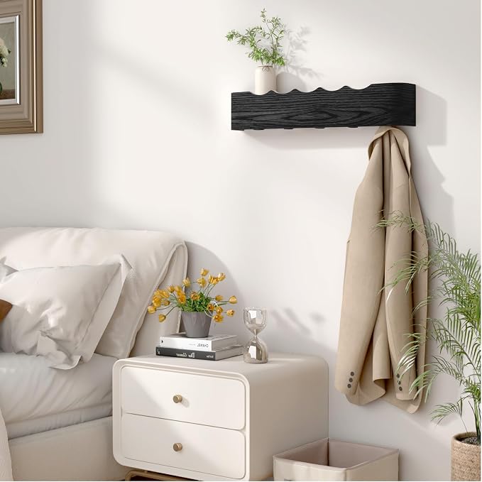 Wall Mounted Coat Rack with Shelf, Wooden Entryway Organizer with Hidden Metal Hooks for Hanging Coats Bags Keys, Modern Floating Shelf for Hallway Bathroom