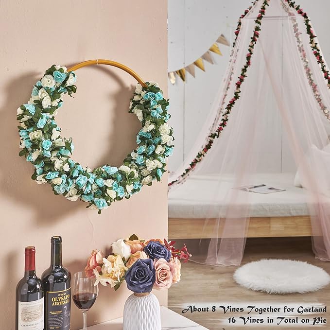 PONKING 6 Pcs x 8.2 ft Flower Garland Artificial Rose Vine Flowers with Green Leaves Hanging Fake Roses Vine for Room Party Home Wedding Birthday Christmas Wall Arch Decor, White Blue Flower