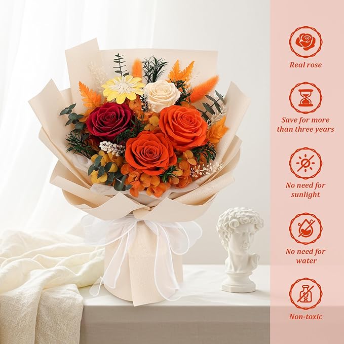 Flowers for Delivery Prime Preserved Flowers Bouquet with Vase That Last 3-5 Years Real Forever Flowers Rose Bouquet for Mom Mother Women Wife Friends Birthday Mother's Day (Orange)