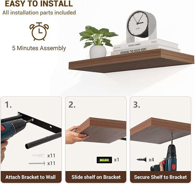 Acovy 55 Inch Floating Shelves, 55"x9.25"x1.5" Inch Deep Floating Shelves for Wall, Wooden Shelves for Bathroom, Bedroom, Living Room, Walnut,1 Piece