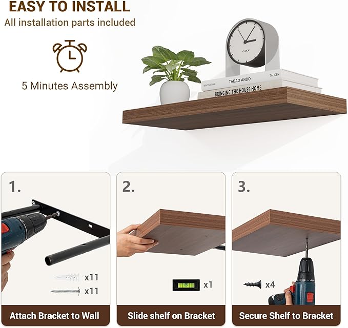 Acovy 72 Inch Floating Shelves, 3D Textured Wood Grain, 72"x9.25"x1.5" Inch Deep Floating Shelves for Wall, Wooden Shelves for Bathroom, Bedroom, Living Room, Walnut, 1 Piece