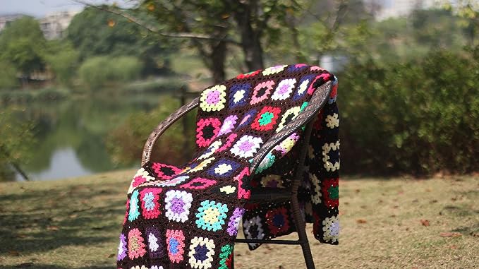 RISEON Handmade Granny Square Crochet Throw Blanket Sweater Style Mat, crochet quilt, multicolor Boho Travel Accent Decor Throw for Sofa Comforter Couch Bed Recliner Living Room Bedroom (Dark Brown)