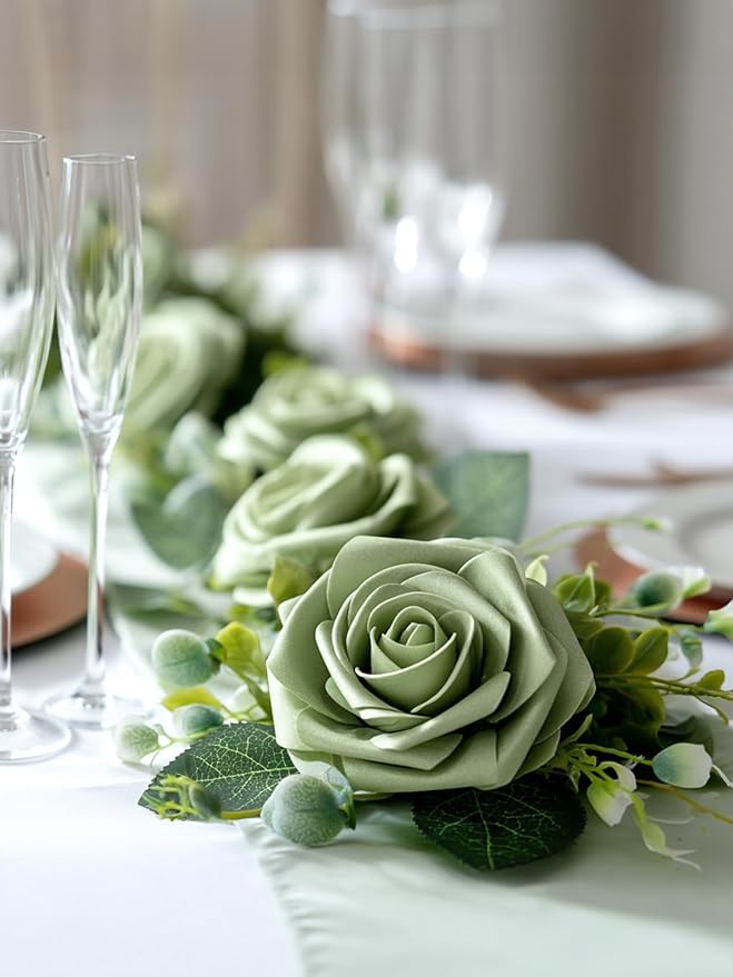 InnoGear Artificial Flowers, 50 Pcs Elf Green Rose Foam Fake Roses Bulk with Stems for Spring St. Patrick's Decoration DIY Wedding Bouquets Centerpieces Bridal Shower Party Christmas Tree