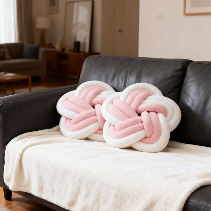 2Pcs Knot Pillow Ball，Soft Home Decorative Round Throw Pillow，Handmade Knotted Plush Pillow，Star-Shaped Round Boucle Pillow Cushion (Pink)
