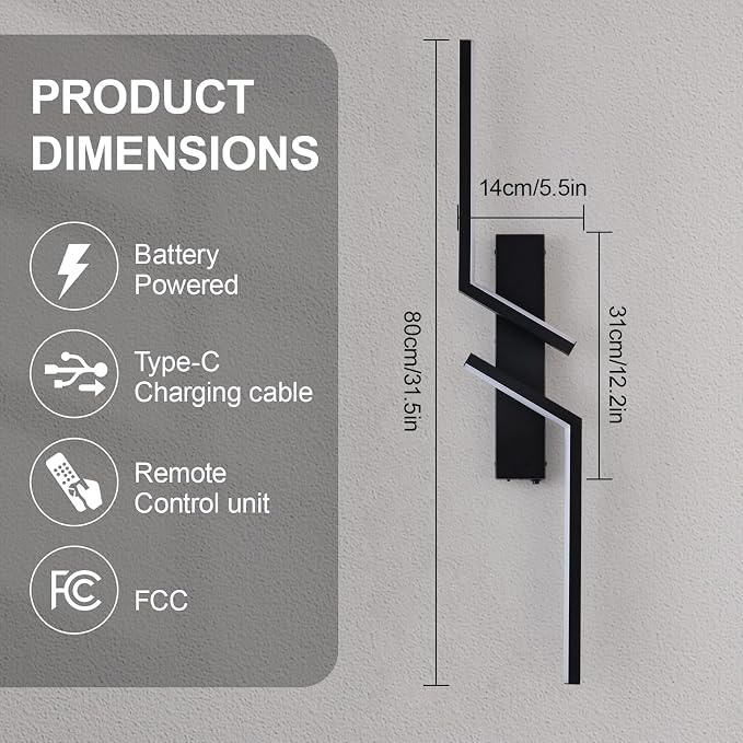 Rechargeable Wireless Wall Sconces, Modern Wall Sconces Set of 2, Battery Operated LED Wall Lights with Remote, 3000K-6500K Dimmable Black Wall Sconce, No Hardwiring for Bedroom Living Room Hallway