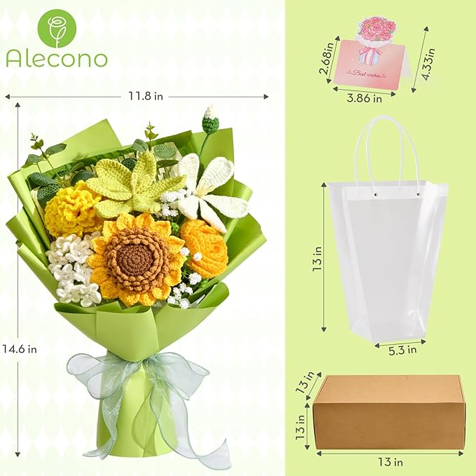 Alecono Crochet Flower Bouquet, Green Knitted Flowers, Crochet Sunflowers for Mother's Day Anniversary Birthday Graduation Lover Valentine Day Gifts (with Card)