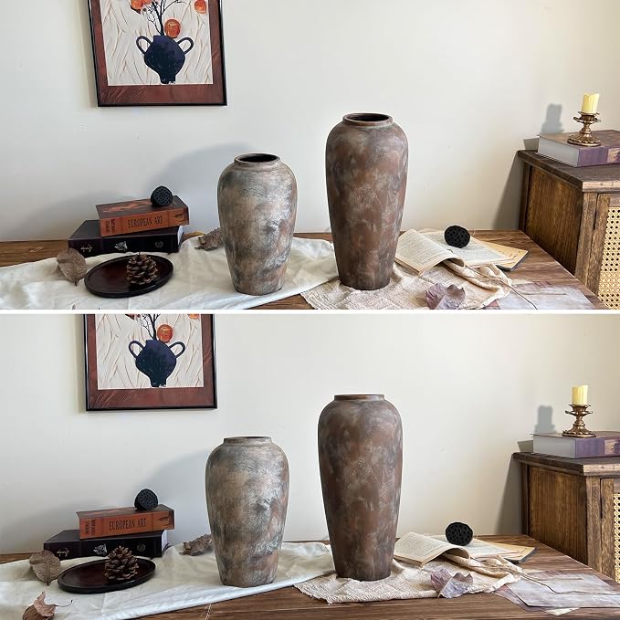 15 Inch Ceramic Rustic Farmhouse Vase, Handmade Pottery Flower Vases for Home Decor, Brown Ceramic Vase for Living Room, Table Centerpieces & Shelf Decor, Wedding Gifts