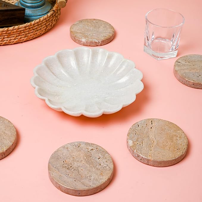Perilla Home Handcrafted 4-4" Travertine Coaster – Set of 6 Round Coaster for Home, Kitchen or Office,Natural Absorbent Coasters for Hot & Cold Beverages Perfect Table Accessories for Modern Living