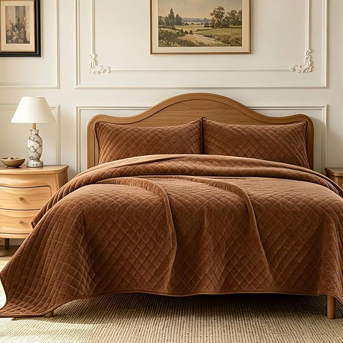 3-Piece Velvet Quilt Set Oversized King Size 120"x128" Bed Blanket Quilted Bedspread Soft Luxury Bedding with 2 Pillow Shams 20''x36'' for All-Season,Caramel