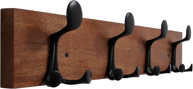 WEBI Coat Rack Wall Mount,24" Solid Wood Coat Hooks Wall Mounted Coat Hanger,16" Hole to Hole,Heavy Duty 4 Triple Hooks for Hanging Coats,Jacket,Hat,Backpack,Farmhouse,Reddish Brown