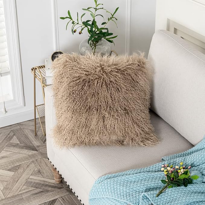 Mongolian Lamb Fur Throw Pillow Cover (18'' x 18'', Khaki) Real Sheep Fur Decorative Cushion Cover Case Home Decorative Square Throw Pillow Cover Plain Wool Pillow Protector