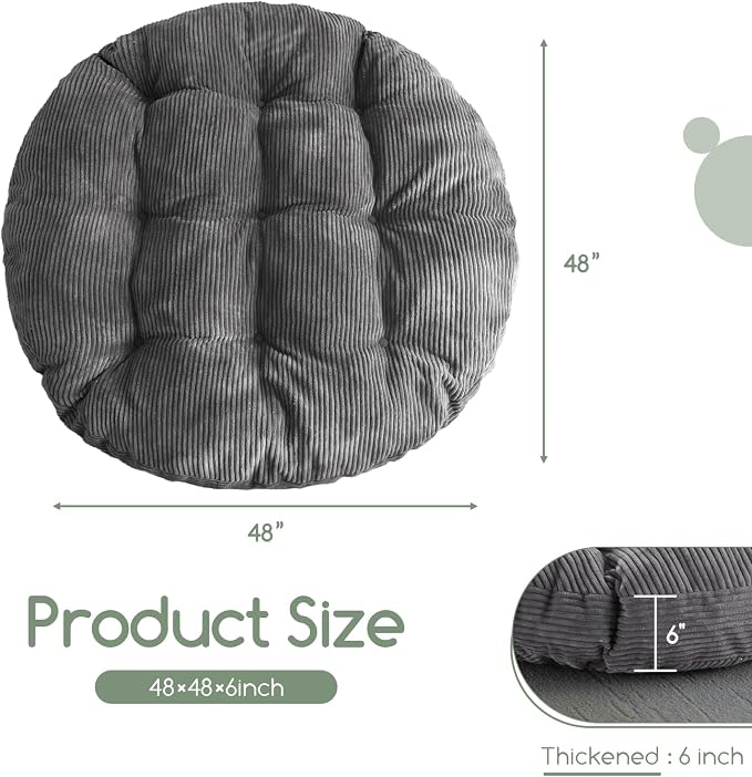 HIGOGOGO Papasan Chair Cushion with Corduroy Cover (Without Chair), 48 x 48 Inch Supportive Cushion, Overstuffed Chair Cushion,Dark Grey