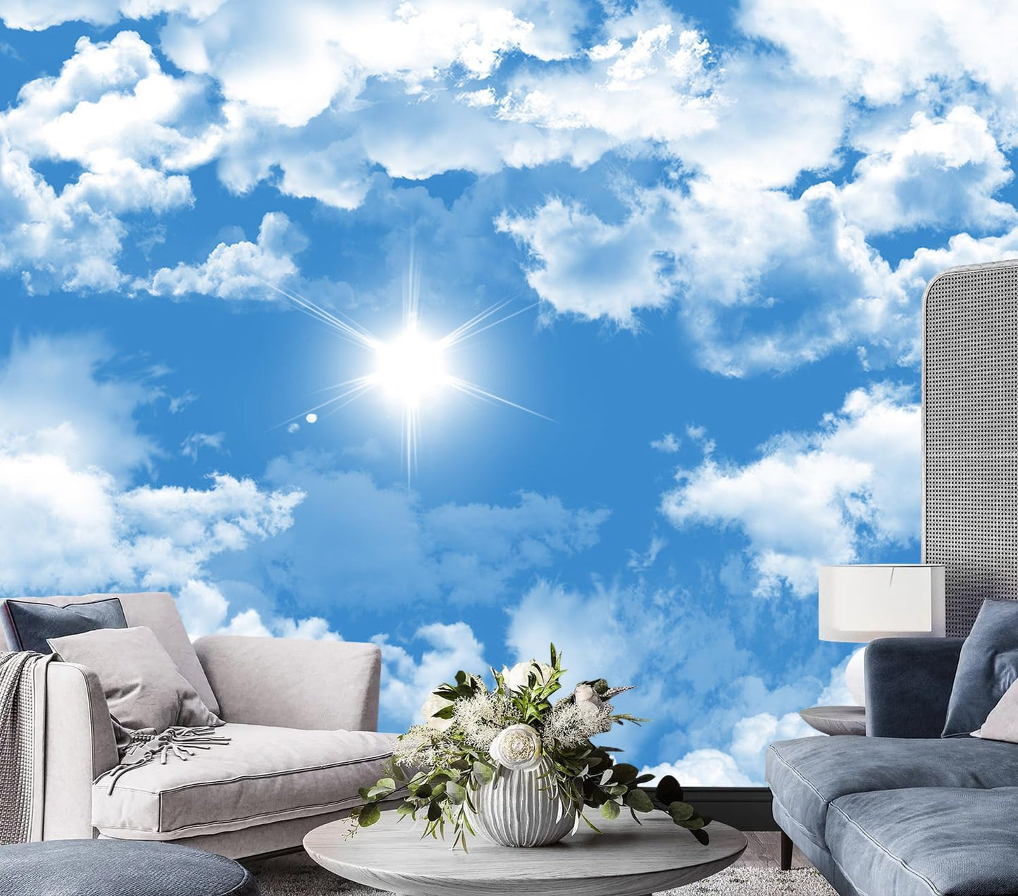 AFZEVEB-Ceiling Mural Blue Sky White Clouds Wallpaper for Living Room 136"x96"(Not Peel and Stick)