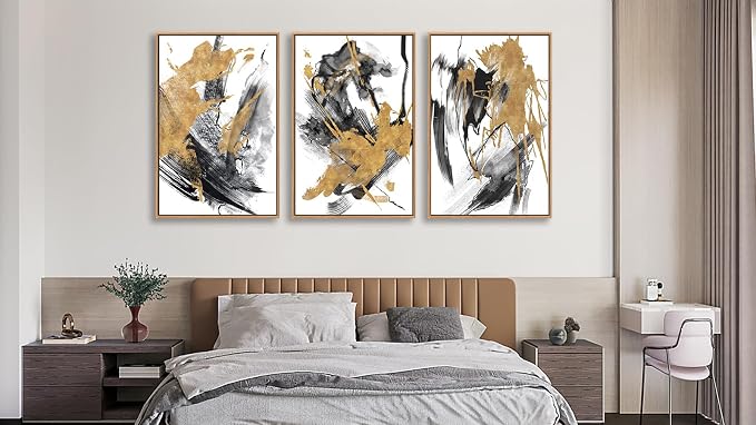 Large Modern Painting Wall Art for Living Room Natural Wood Float Framed Art Set of 3 Abstract Canvas Pictures Minimalist Artwork Canvas Prints for Bedroom Home Office Wall Decor 16X24inX3pcs