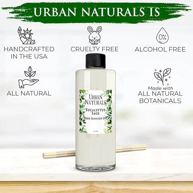 Urban Naturals Reed Diffuser Oil Refill Eucalyptus Sage with Mint, Lime, Cedarwood 8 oz + Free Reed Sticks, Made in the USA