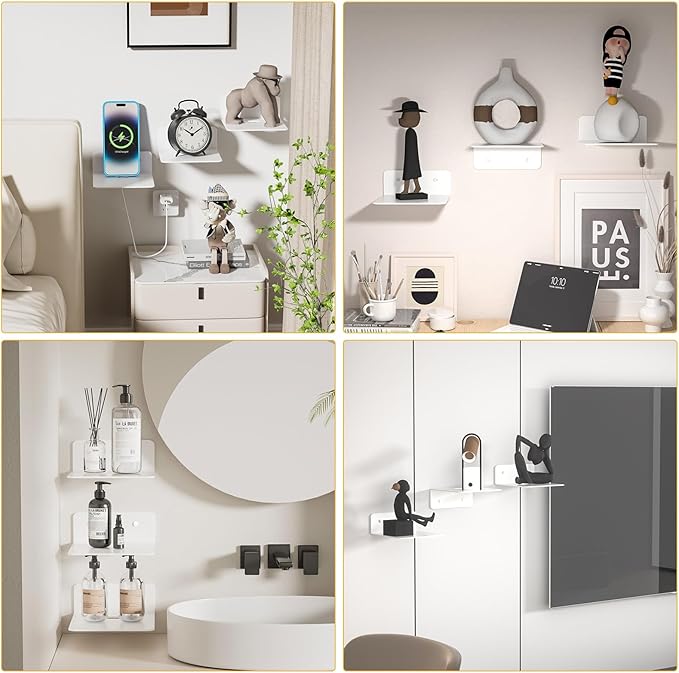 Wisfame Small Piano White Floating Shelves Set of 3, Metal Hanging Shelves for Bathroom, Living Room, Bedroom, 5 Inch Wall Display Shelves for Knickknacks, Display Ledges - Adhesive Installation