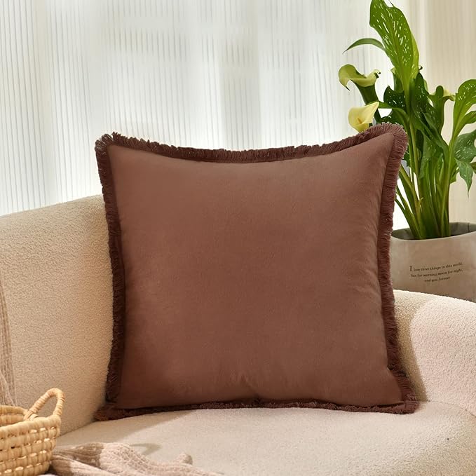 ZWJD Pillow Covers 20x20 Set of 2 Coffee Throw Pillow Covers with Fringe Chic Cotton Decorative Pillows Square Cushion Covers for Sofa Couch Bed Living Room Farmhouse Boho Decor