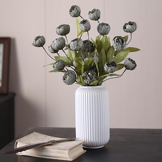 VIERENA 6 Pcs Faux Silk Peony Artificial Flowers for Vase -27", Bulk Fake Peonies Branches with Stems for DIY Bouquet Centerpieces Wedding Fillers Arrangements Shower Decorations (Dark Gray)