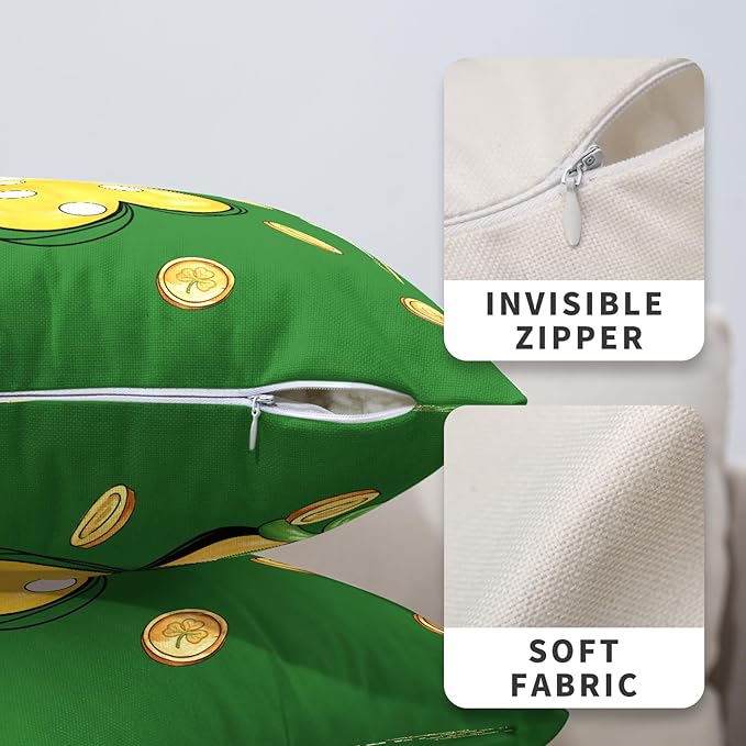 St Patricks Pillow Covers Polka Dots Shamrock Pillowcases Lucky Hat Filled with Gold Coin Clover Cushion Cases 20x20 Set of 2 Saint Patricks Day Decorations for Home Sofa Couch