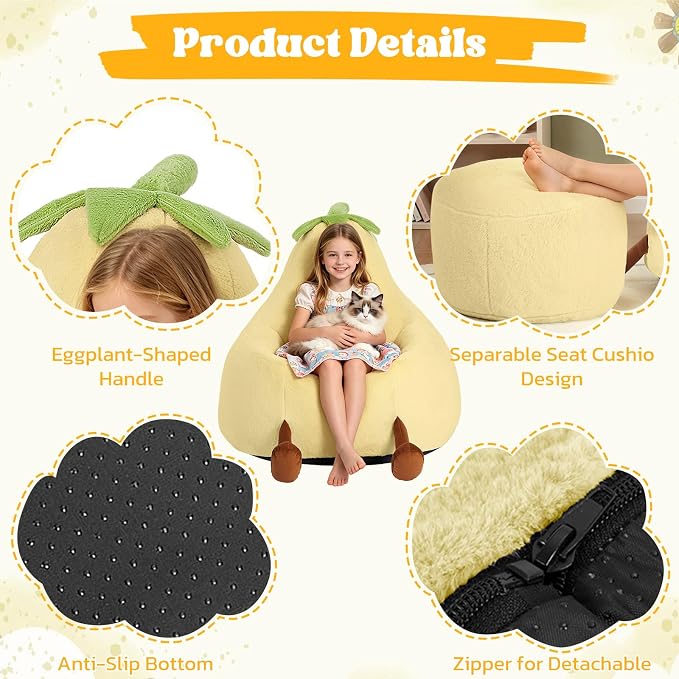 24 Inches Memory Foam Bean Bag Chair - Ultra Soft Faux Rabbit Fur Round Sofa with Handle & Machine Washable Cover, Comfy Lazy Chair for Kids Teens, Perfect for Reading Gaming in Living Room，Yellow