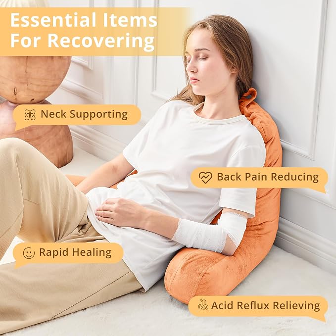 Sasttie Reading Pillow, Velvet Back Pillow for Bed Sitting Up, Adult Back-Rest Support Cushion with Arms for Sit Up on Couch, Sofa, and Floor, Dorm Essentials, Reading Accessories, Orange