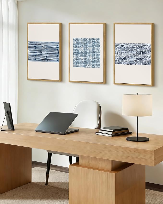 PHOPAGO Blue Abstract Framed Wall Art Large 16x24in Modern Boho Neutral Line Wall Decor Bohemain Minimalist Geometric Artwork Home Decor - Natural Framed