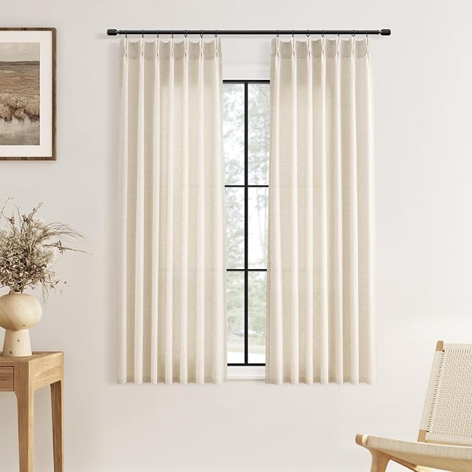 Short Pinch Pleated Linen Curtains 54 Inch Length 2 Panels for Kitchen Natural Cream Beige Country Farmhouse Semi Sheer Light Filtering Window Treatment Drapes with Hooks Rings for Small Window 40x54