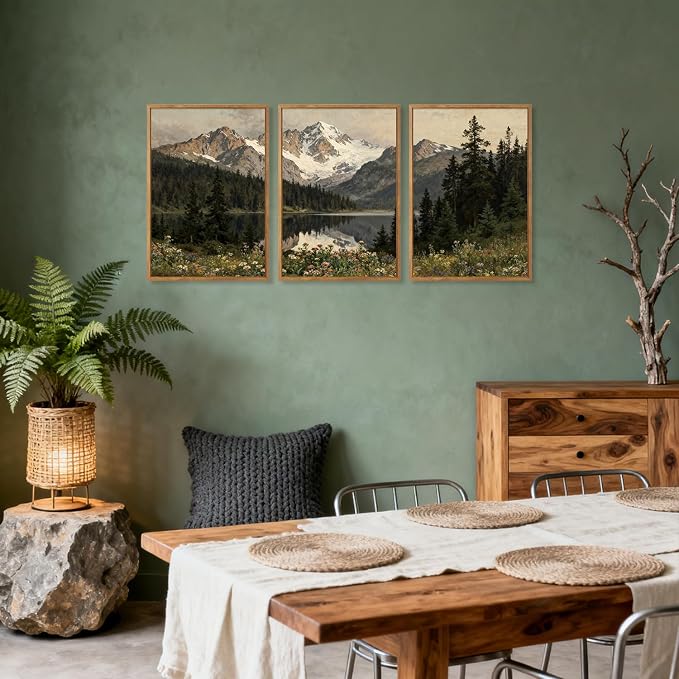 TOARTi Large Framed Snowy Mountain Forest Canvas Wall Art Set,Woodland Forest Lake Landscape Wall Decor,Modern Natural Green Wildflower Art Prints for Farmhouse Living Room Bedroom Office-24”x35”x3