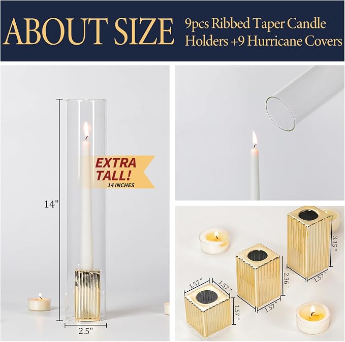 LETINE 14" Tall Hurricane Candle Holders with Gold Ribbed Taper Candle Holders Set of 9– Bulk Windproof Taper Candle Hurricane Glass for Outdoor&Indoors Wedding Centerpiece, Event & Home Decor