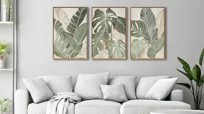 Large Framed Canvas Wall Art - Natural Float Framed Green Plantain Leaves Pictures Decor Brown Leaf Lines Artwork Paintings for Bedroom Living Room Kitchen Home Office Decoration 72" X 36" Set of 3