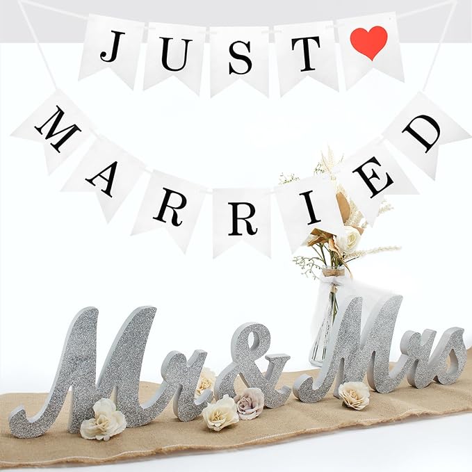 Mr Mrs Sign for Wedding Table, Mr and Mrs Wooden Letters, Mister & Miss Wedding Decoration Items, Head Table Wood Letter, Anniversary Party Valentine's Day Vintage Decor (Silver W/banner)