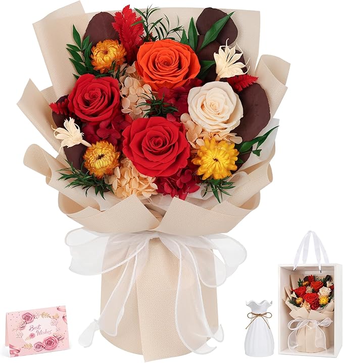 Preserved Flowers Bouquet 4 Roses with Vase,Flowers for Delivery Prime That Last 3-5 Years Real Forever Flowers Rose Bouquet for Mom Mother Women Wife Friends Birthday Mother's Day（Red）