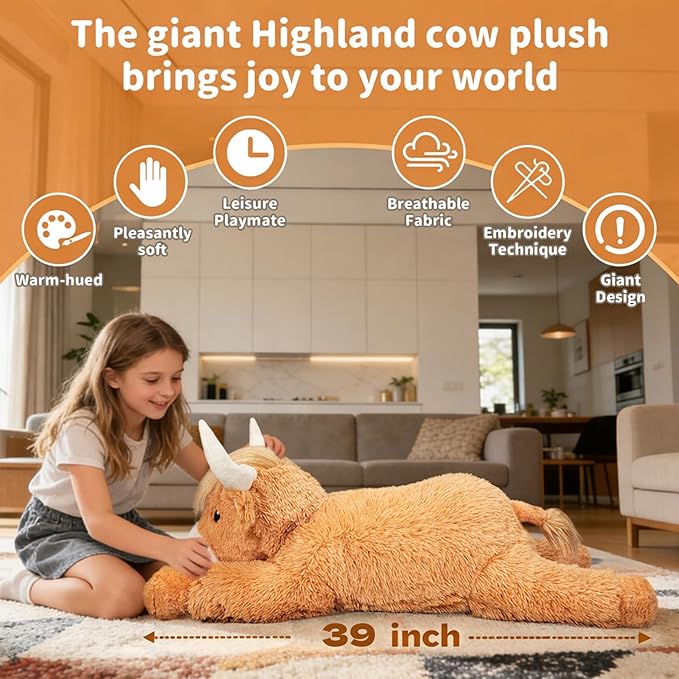 39 Inch Giant Highland Cow Stuffed Animal, Big Cattle Plushie Toy for Kids & Adults, Fluffy Large Size Stuffed Cow Hugging Pillow Gifts for Birthday (Yellow)