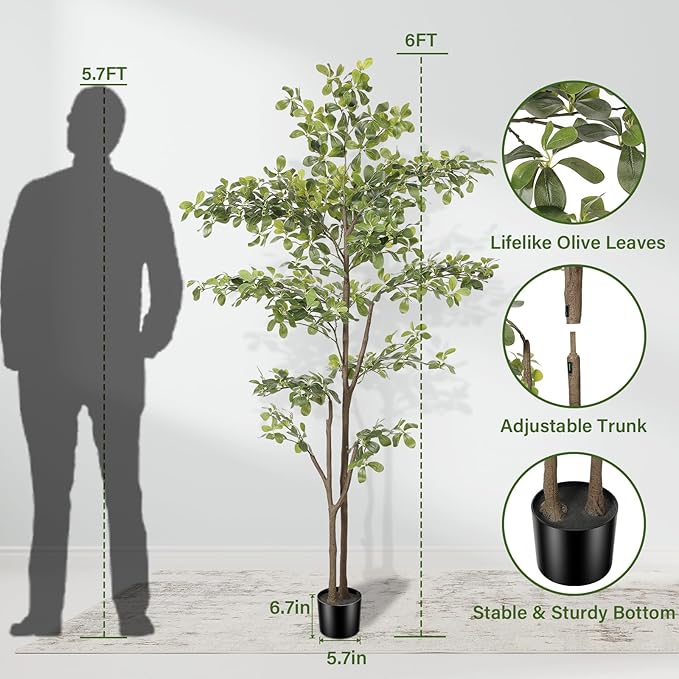 Black Olive Tree 6ft, Artificial Shady Lady Tree with Natural Trunk and Realistic Leaves, Tall Floor Plants for Living Room Decor Home Office Indoor Pack of 1