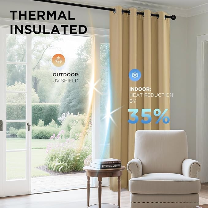 Joydeco Blackout Curtains 95 Inch Length 2 Panels Set, Thermal Insulated Long Curtains& Drapes 2 Burg, Room Darkening Grommet Drapes for Living Room Bedroom Window (W52 x L95 Inch, Beige)