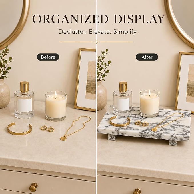 Natural Marble Rectangular Decorative Tray Pedestal Stand, 13.8 x 6.7 in Bathroom Vanity Counter Organizer, Jewelry Keys Candles and Soap Display Stone Tray