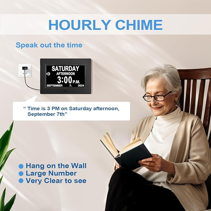 JALL 【2024 New Digital Calendar Dementia Day Clock, 7 Inch Large Screen Display, with Multiple Alarms, AM & PM Display, for Impaired Vision People, Age Seniors, for Desk, Wall Mounted
