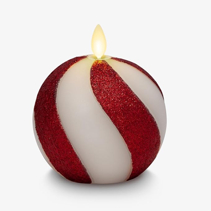 Luminara - Flameless Holiday Crystal Beads Glitter Sphere Candle - Candy Cane Red - Pack of 1-4x4.25 - Auto Timer Built-in 5-Hour Timer Indoor Use