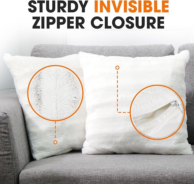 Cheer Collection Faux Fur Throw Pillows - Decorative Pillows for Couch, Bed Throw Pillows, White Accent Pillows for Bedroom or Living Room Aesthetic, Set of 2 Furry Throw Pillows, 24" x 24"