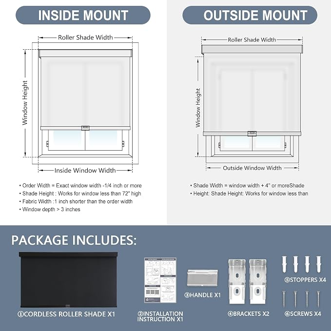 AOSKY Light Filtering Roller Shades Cordless Blinds for Windows, 1% Openness Free-Stop Shades with Valance, Thermal Insulated Fabric, UV Protection, Natural Woven Blinds（26" W x 72" H, Black）