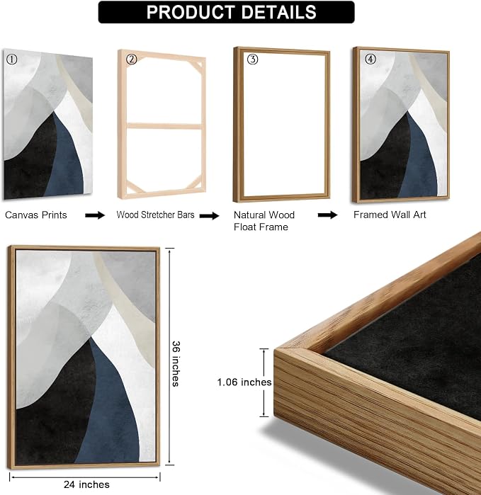 Large Abstract Framed Wall Art - Modern Canvas Wall Art Pictures Prints for Living Room Decor Natural Float Framed Artwork for Bedroom Kitchen Home Office Decoration 72" X 36" Set of 3 Blue Grey White