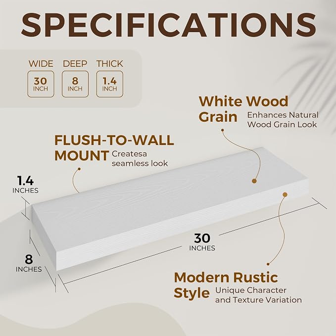 Dreamland 30Inch White Floating Shelves 8" Deep Wall Mounted Set of 2 | Wall shelves for bathroom, bedroom, Living Room, kitchen, deep wall mount wood storage display for home decor 30" x 8"