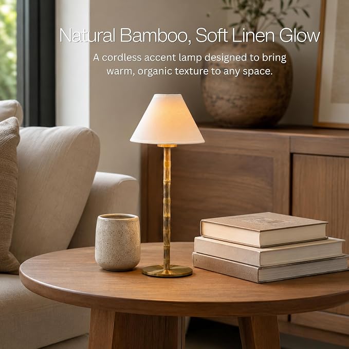 Bamboo Cordless LED Table Lamp – Rechargeable 24-Hour Battery, Dimmable Warm Light, 15" Portable Wireless Lamp with Remote for Indoor/Outdoor Use, Home, Patio, Restaurant – Coastal White