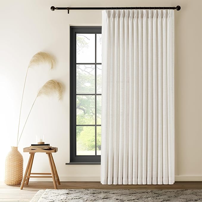 Extra Wide Pinch Pleated Linen Curtains for Living Room Sliding Glass Door, Natural Light Filtering Curtain 84 Inches Long Textured Thick Pleat Semi-Sheer Drapes with Hooks 70 Inch Width, 1 Panel