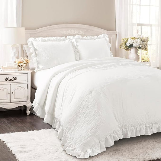 Lush Decor Reyna Ruffle Comforter Set - 3 Piece King Size Ruffle Comforter Set - Elegance for Bedroom - King, Pure White